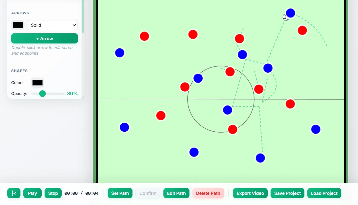Animation timeline with path controls for player movements