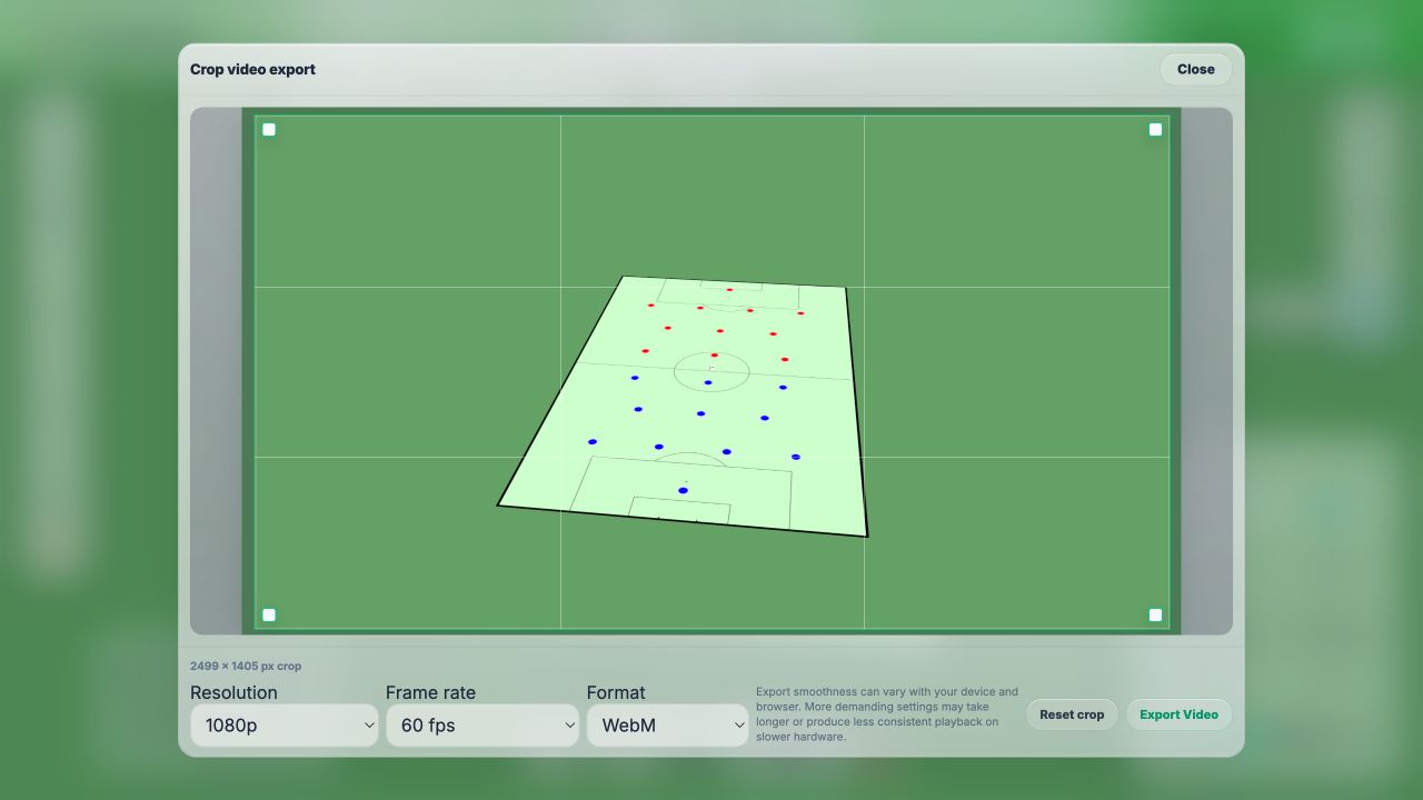 DrawTactics Animator v2 export panel with crop, 720p and 1080p resolution, 30 and 60 fps, WebM, and MP4 options