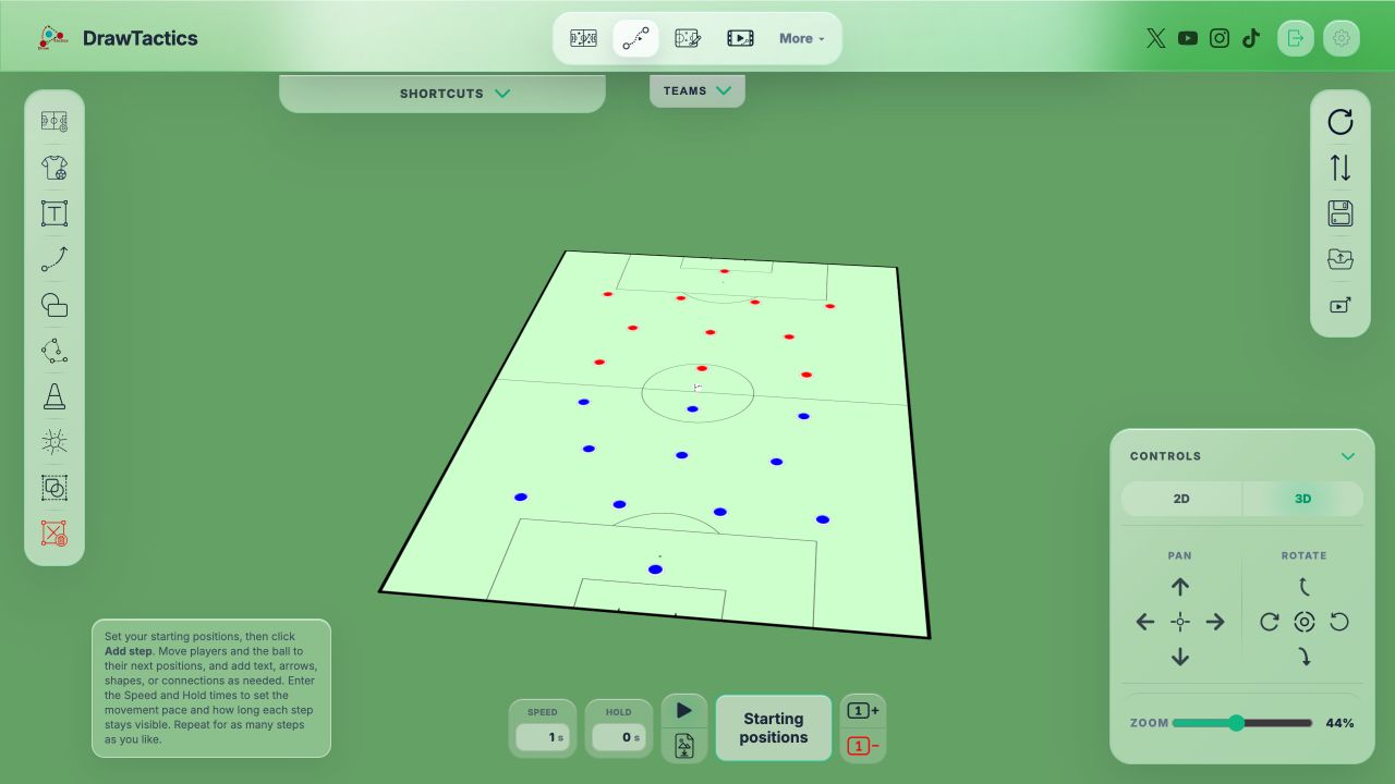 3D-powered football tactics board showing team shape and movement controls