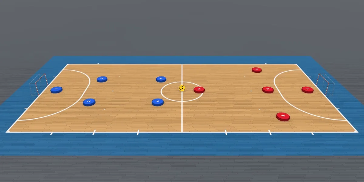 DrawTacticsのBroadcast Animatorのフットサルコートに2チームを配置した様子