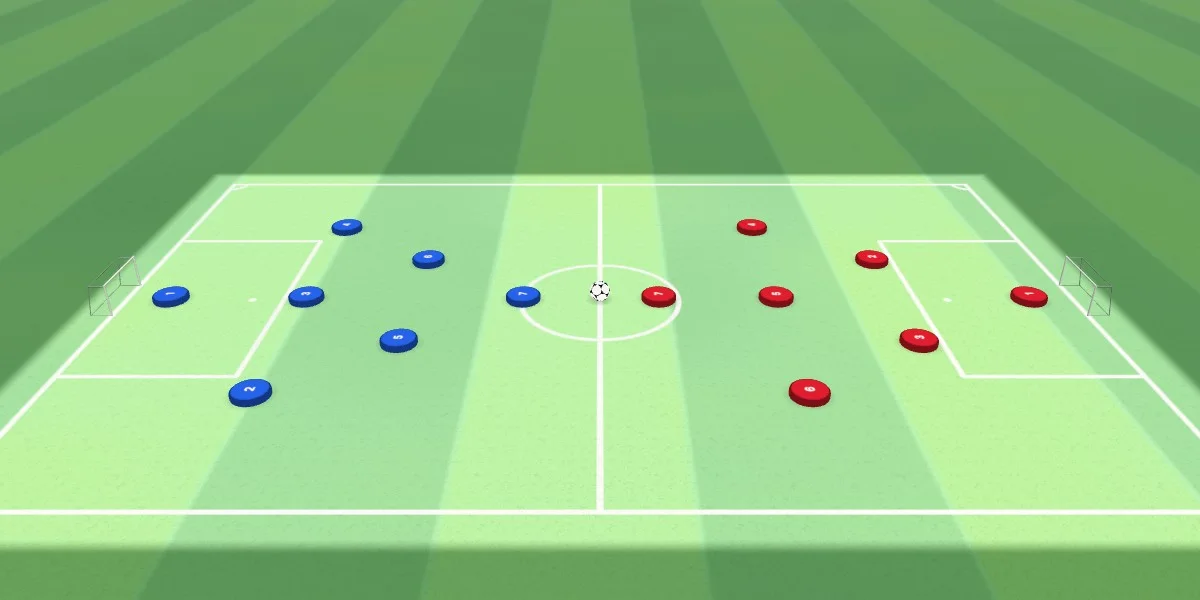 7v7 soccer field in the DrawTactics Broadcast Animator with two teams lined up
