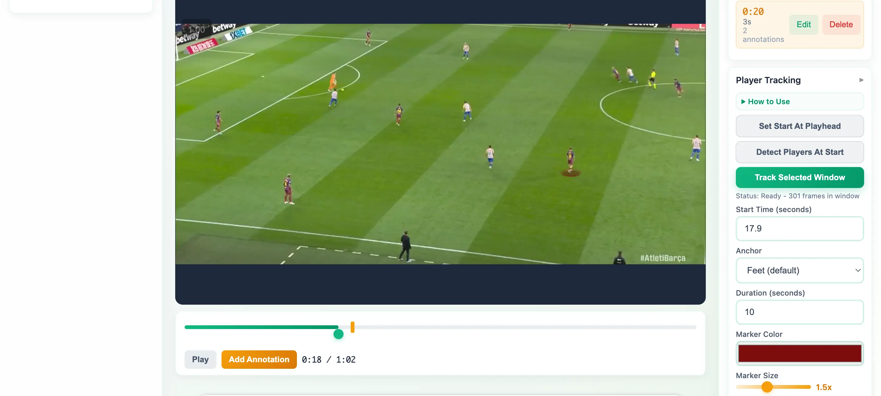 Giao diện tracking cầu thủ trong phân tích video bóng đá