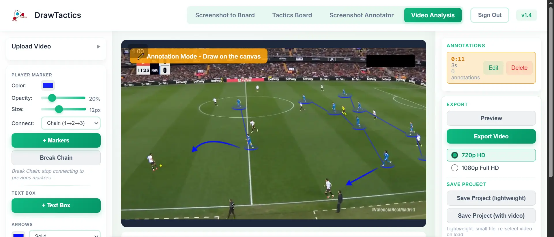 Exported video with freeze-frame annotations
